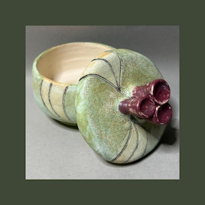 May include: A round ceramic lidded jar with a light green and cream mottled glaze, featuring dark hand-drawn vertical lines. The lid is topped with a cluster of three cylindrical, dark maroon protrusions resembling a small organic growth.