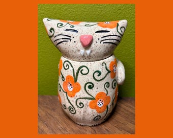 Handmade Ceramic Container with Lid - Orange Flower Cat