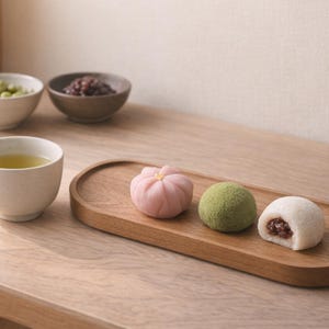 Pode incluir: Uma bandeja de madeira com três sobremesas mochi japonesas: um mochi rosa em forma de flor, um mochi verde e um mochi branco com recheio de feijão vermelho. Uma xícara de chá verde e duas tigelas de comida também estão presentes.