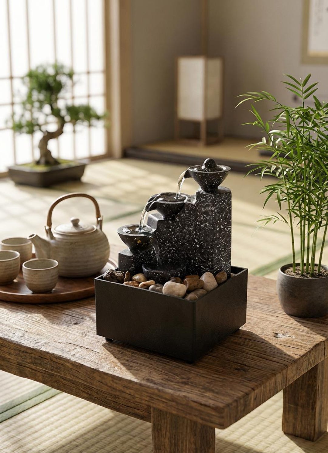 Japanese Zen Indoor Water Fountain – Tabletop Waterfall With Soft ...