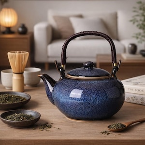 Könnte beinhalten: Eine blaue Keramik-Teekanne mit einem dunkelbraunen Griff und Deckel. Die Teekanne steht auf einem Holztisch mit kleinen Schalen mit Teeblättern, einem Bambusbesen und einem Holzlöffel. Die Teekanne hat eine gesprenkelte Glasur.
