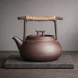 May include: A brown ceramic teapot with a rope-wrapped handle and a spout. The teapot has a lid and sits on a dark grey square surface. The background is a solid grey.