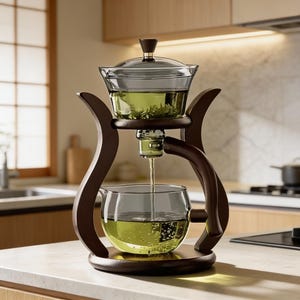 Può includere: Un set per la preparazione del tè in vetro con una struttura in legno marrone scuro. Il set comprende una camera superiore con coperchio, una camera centrale e una caraffa inferiore. Il tè verde è visibile nelle camere superiore e inferiore. Il tè viene versato dalla camera centrale nella caraffa.