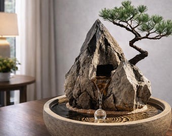Zen Mountain Water Fountain with Bonsai Tree, Indoor Tabletop Fountain, Japanese Water Feature, Relaxing Desk Fountain, Zen Home Decor
