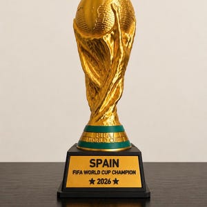 May include: A gold-colored trophy featuring a globe supported by two figures, resting on a green base with the text FIFA WORLD CUP. The black square pedestal displays a gold plaque reading SPAIN, FIFA WORLD CUP CHAMPION, and 2026 with stars.