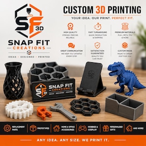 May include: A collection of 3D printed objects including a black lattice vase, a gray hexagonal organizer, a black phone stand, a blue dinosaur figure, a white gear, an orange clip, a gray wrench, and a black hexagonal coaster on a wooden surface.