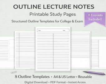Plantilla de esquema de apuntes de clase / Páginas de estudio universitarias imprimibles (Descarga PDF en tamaño A4/Carta EE. UU.)