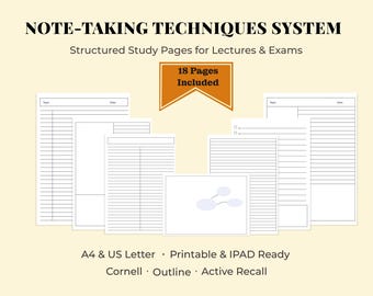 Sistema de toma de notas / Plantillas de estudio de Cornell, con esquema y cuadrícula (A4, tamaño carta de EE. UU., PDF)