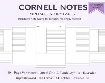 Plantilla de apuntes de Cornell para estudio universitario, tamaño A4 y carta (PDF imprimible)