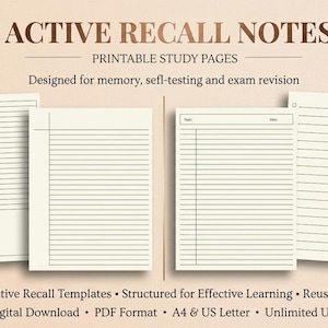 May include: Printable study pages for active recall notes. The image shows four templates with lined and blank sections. Text at the top reads "ACTIVE RECALL NOTES" and "PRINTABLE STUDY PAGES". The pages are designed for memory, self-testing, and exam revision.