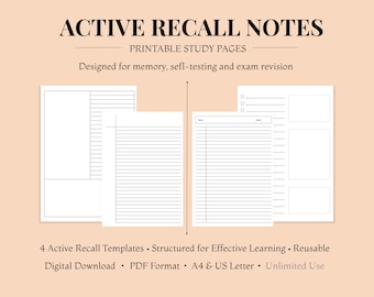 Plantilla de estudio de recuperación activa / Páginas de repaso de exámenes (A4 y PDF tamaño carta)