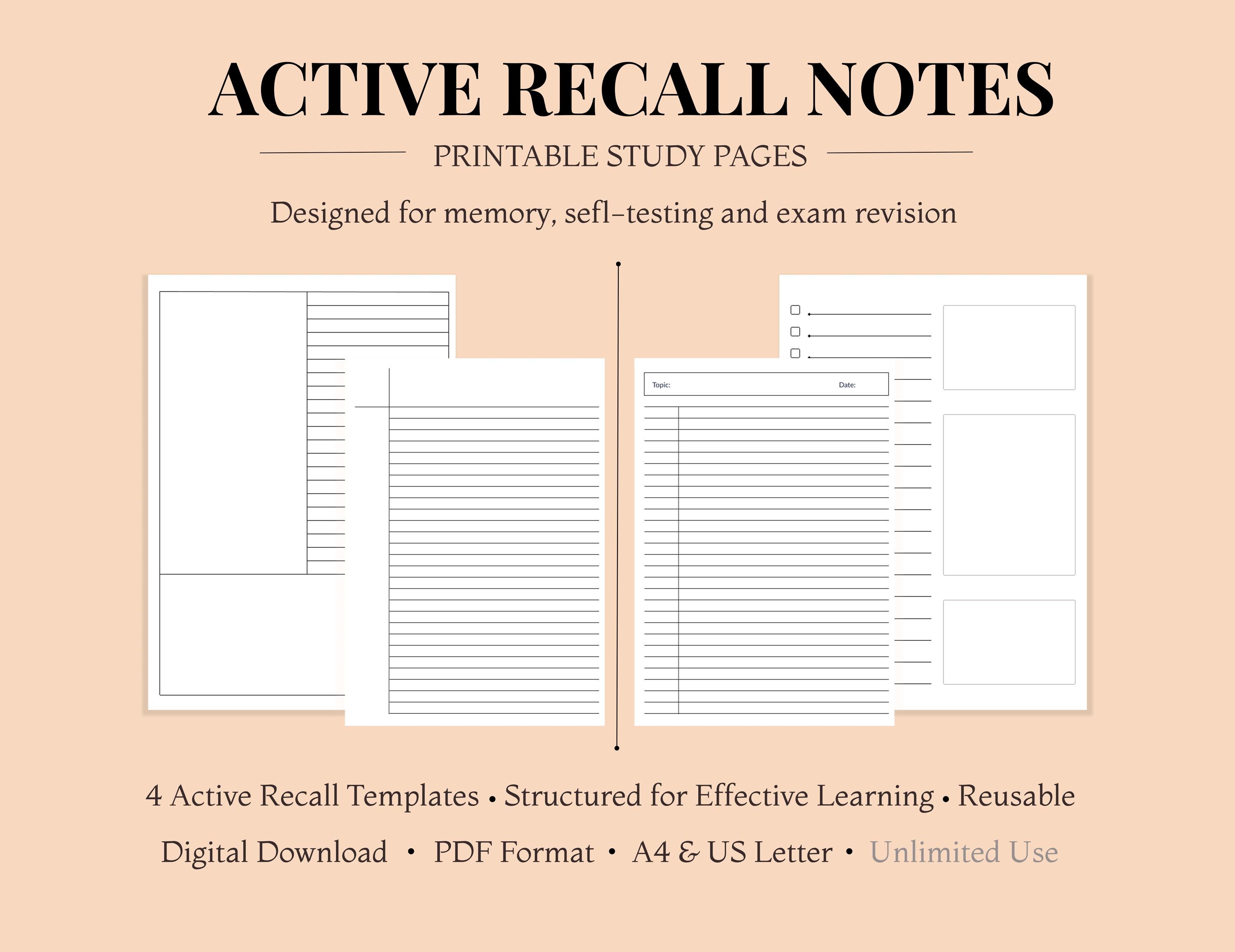 Active Recall Study Template | Exam Revision Pages (A4 & US Letter PDF ...