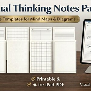 May include: A collection of white note pages with various templates, including lined, grid, and dot grid designs. The text "Visual Thinking Notes Pages" and "8 Note Templates for Mind Maps & Diagrams" are displayed. A tablet shows a mind map example.