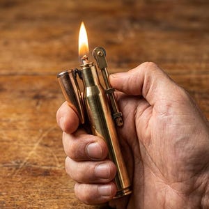 May include: A brass-colored lighter with a lit flame. The lighter is held in a hand and appears to be made from a bullet casing. The background is a wooden surface.