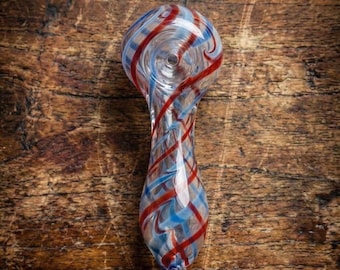 Pipa in vetro con vortici rossi e blu – Pipa trasparente fatta a mano