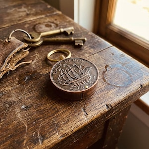May include: A vintage Half Penny coin from 1966, featuring a sailing ship, is set into a small, round, copper-colored container. The coin is next to a leather key holder, two brass keys, and a key ring, all resting on a weathered wooden surface.