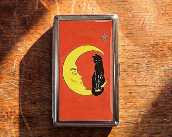 Portasigarette Black Cat Moon – Portasigarette vintage in metallo, portafoglio Zigarettenetui, porta joint, custodia tascabile sottile 1917