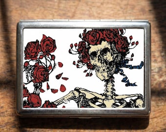 Portasigarette in metallo con teschio e rose, design gotico artistico, portafoglio sottile, porta carte di credito e documenti.