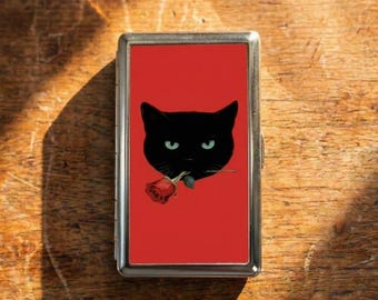 Portasigarette con gatto nero e rosa – Portasigarette vintage in metallo, porta carte per amanti dei gatti, porta documenti e porta contanti