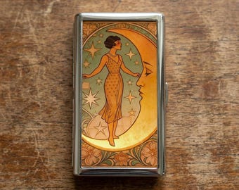Portasigarette vintage in stile Art Nouveau con donna e luna, portasigarette in metallo, portacarte floreale, porta biglietti da visita, portadocumenti