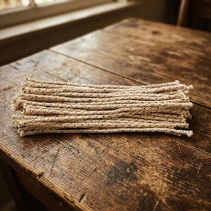May include: A stack of beige, rope-like wicks with dark flecks rests on a weathered wooden table. The wicks are tightly wound and appear to be made of natural fibers. The table has a rich, dark brown color with visible wood grain.