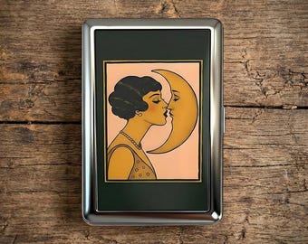 Portasigarette vintage in stile Art Nouveau - Design con donna che bacia la luna, portasigarette in metallo, portacarte, portasigarette vintage