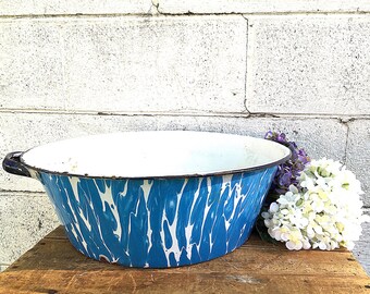 Enamel WASH BASIN | Vintage Blue and White Swirl Enamelware Bowl | Large Enamel Ware Basin | Kitchen Graniteware | Shabby French Farmhouse