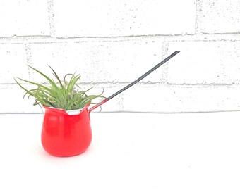 Red Enamel BUTTER WARMER | Vintage (c.1950's) Enamelware Turkish Coffee Pot | Enamel Milk/Syrup Warmer | Made in Poland Dipper/Ladle/Creamer