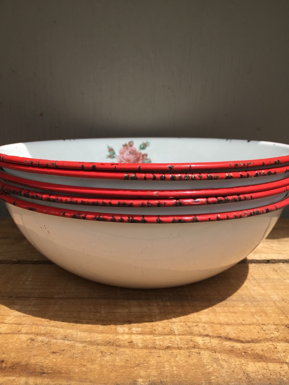 ONE Enamelware Bowl Vintage White Enamel Bowl With Red Trim Etsy