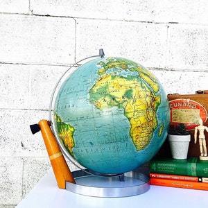 WORLD GLOBE Nystrom 16-inch Pictorial Relief Globe Vintage c.1955-1956 Extra-Large Mid-Century Classroom Globe w/ Danish Modern Stand image 1