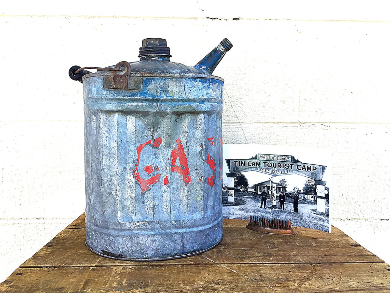 Galvanized METAL GAS CAN Vintage C.1930's Metal Gasoline Container
