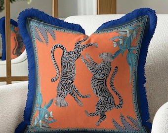 Velvet Throw Pillow Cover: Leopard Print, Blue Fringed Edges - Safari Style