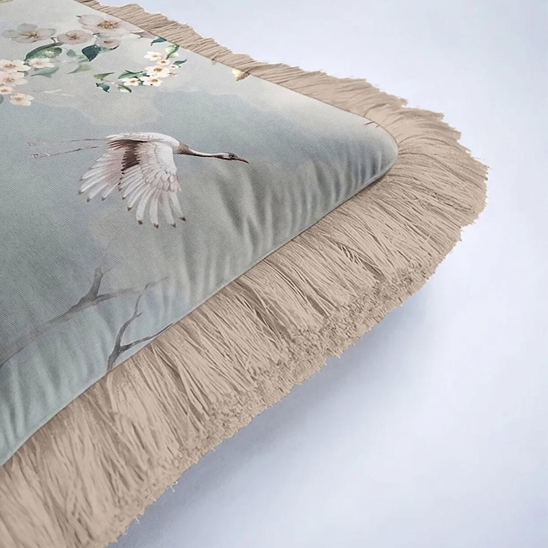 Flying Crane Velvet Pillow Cover - Bird and Blossom Design, Fringed Edges image 6