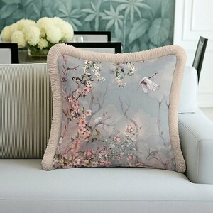 Flying Crane Velvet Pillow Cover - Bird and Blossom Design, Fringed Edges image 3