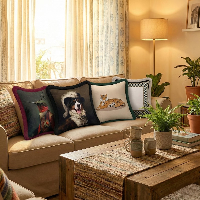 a cozy living room with a beige sofa adorned with colorful throw pillows featuring a dog and a tiger. The room is decorated with potted plants, a wooden coffee table, and a lamp, creating a warm and inviting atmosphere.