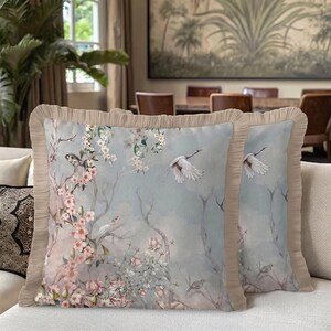 Flying Crane Velvet Pillow Cover - Bird and Blossom Design, Fringed Edges image 2