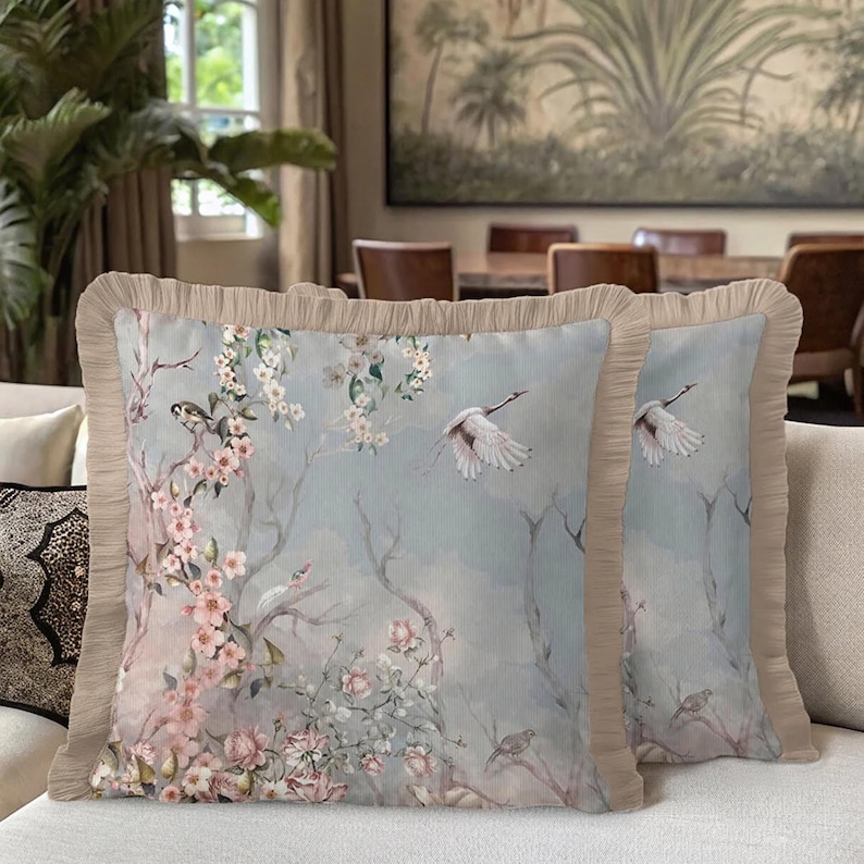 Flying Crane Velvet Pillow Cover - Bird and Blossom Design, Fringed Edges image 2