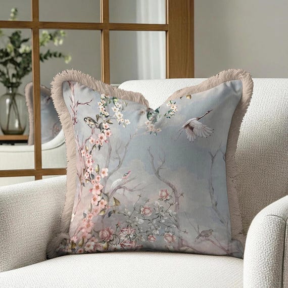 Flying Crane Velvet Pillow Cover - Bird and Blossom Design, Fringed Edges