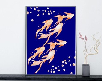 Golden Koi Fish Wall Art, Navy Blue Asian Illustration (Large PDF)
