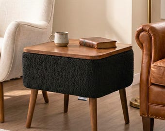 Boucle Storage Ottoman, Side Table with Wood Lid for Bedroom