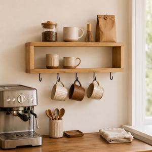 Wooden Mug Shelf with Hooks, Wall Mounted Coffee Cup Rack, Coffee Bar Organizer image 15