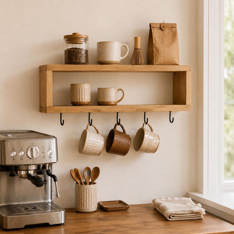 Wooden Mug Shelf with Hooks, Wall Mounted Coffee Cup Rack, Coffee Bar Organizer image 15