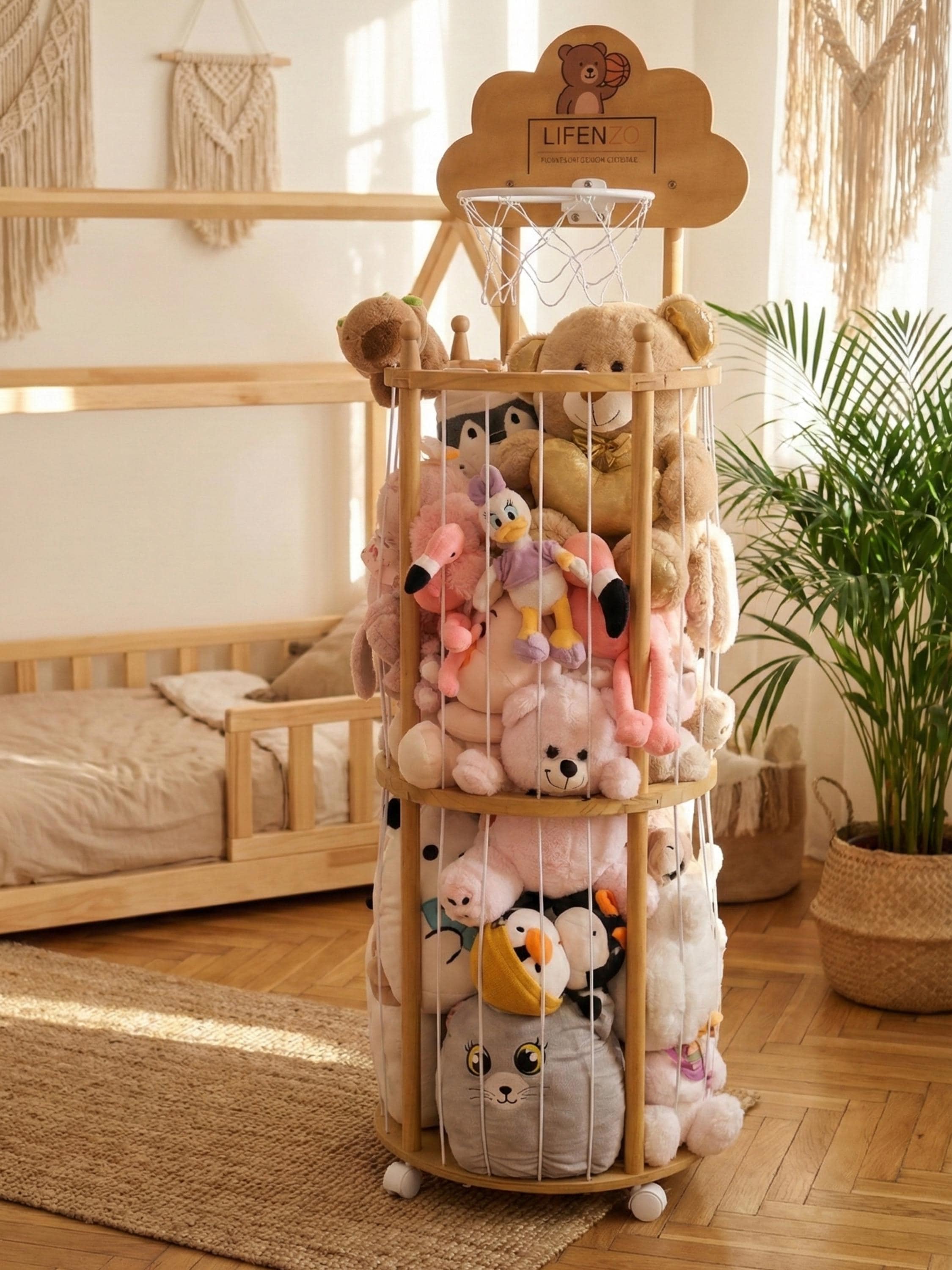 Stuffed Animal Storage Zoo With Basketball Hoop, Wooden Plushie