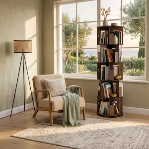 May include: A cozy living room scene featuring a wooden bookshelf filled with books, a beige armchair with a throw blanket, and a woven lamp. A patterned rug and a large window with a view complete the inviting space.