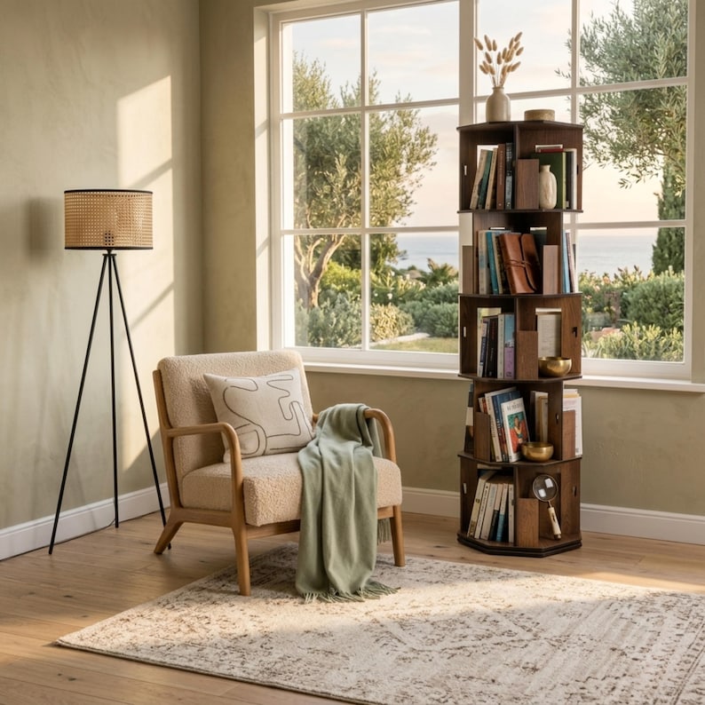 May include: A cozy living room scene featuring a wooden bookshelf filled with books, a beige armchair with a throw blanket, and a woven lamp. A patterned rug and a large window with a view complete the inviting space.
