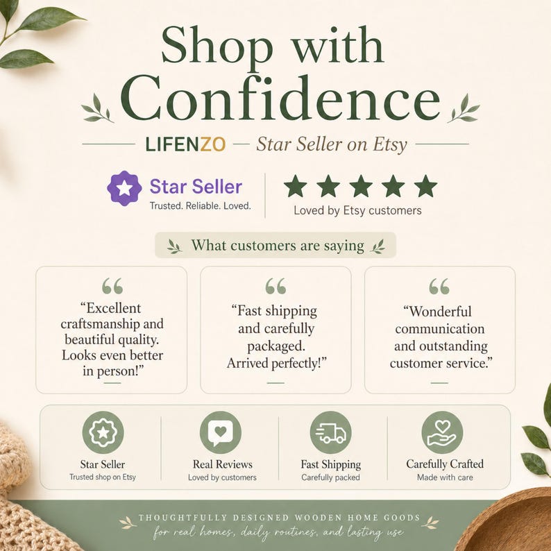 May include: A beige informational graphic titled Shop with Confidence featuring the LIFENZO Star Seller badge, five green stars, and three customer testimonials praising craftsmanship, shipping, and service, with icons for reviews and shipping.