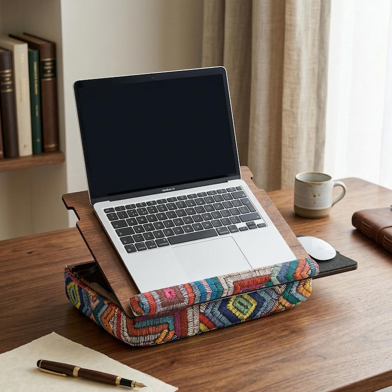 Op de afbeelding: Een laptop staat op een houten laptoptafel met een kleurrijke, geborduurde polssteun. De tafel staat op een houten oppervlak, met een pen en papier op de voorgrond. Een mok en notitieboek zijn ook zichtbaar.