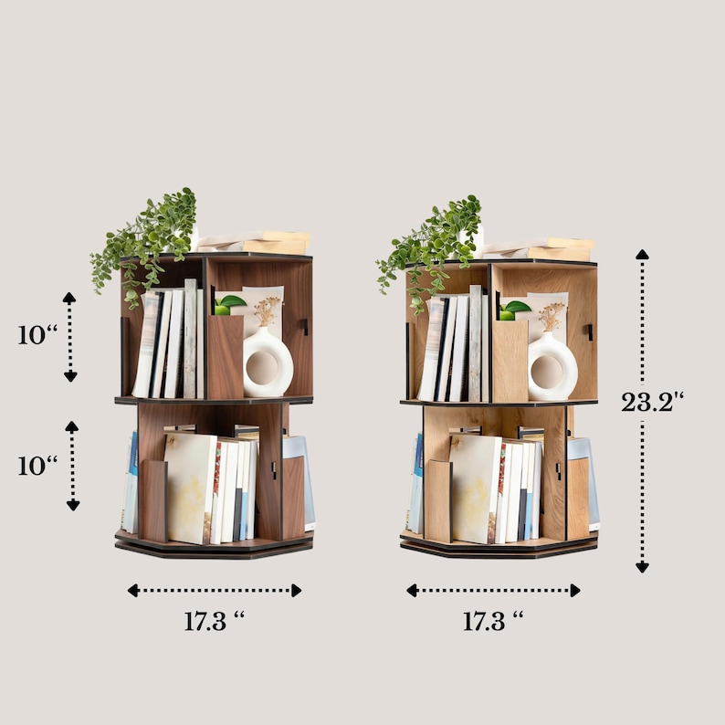May include: Two-tier, rotating bookshelf made of wood. The bookshelf is 23.2 inches tall, 17.3 inches wide, and has two shelves, each 10 inches high. The shelves are filled with books, a white vase, and a small plant.