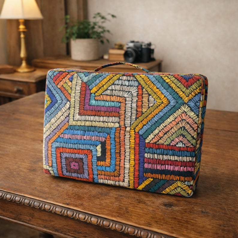 Puede incluir: Un bolso rectangular bordado y colorido con asa. El bolso presenta un patr&oacute;n geom&eacute;trico en tonos azules, amarillos, rojos y morados. El bolso est&aacute; sobre una mesa de madera.
