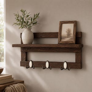 May include: A dark brown wooden wall shelf featuring a flat top surface and three metal hooks along the bottom. Each hook is accented with an oval-shaped white ceramic inlay featuring a delicate scroll pattern. A white vase and a framed picture sit on top.